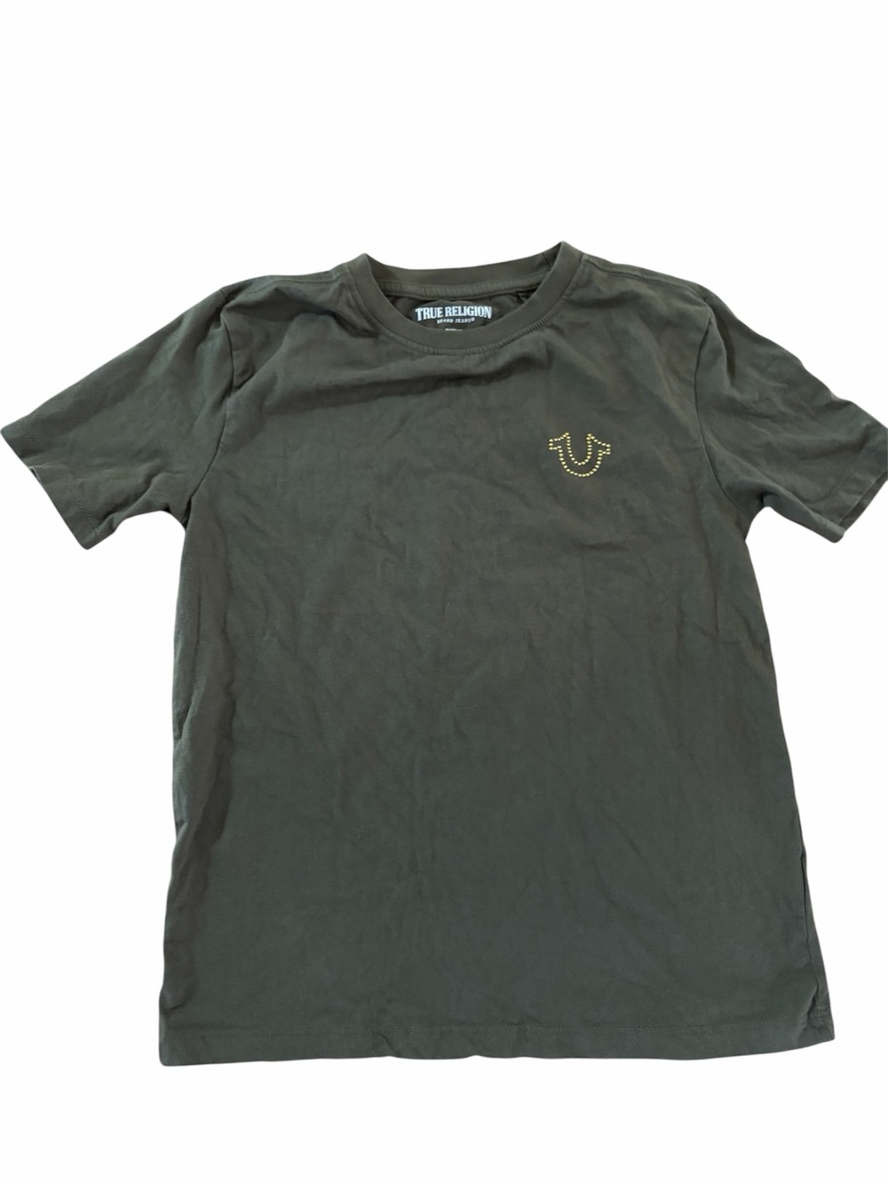 True Religion Olive Green Short Sleeve Logo Tee with Yellow Accent